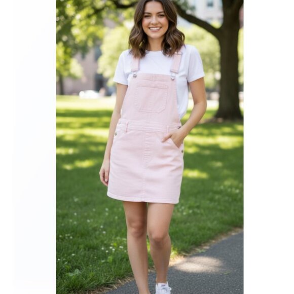 Forever 21 Los Angeles Overalls Pink Denim Mini Dress Jean NWT Sz 27 S/M - Picture 1 of 6